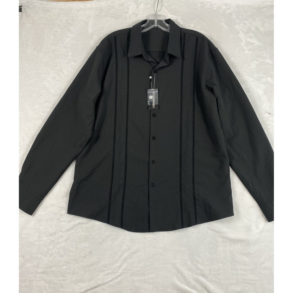 2/$30 NWT Coofandy Button Up Shirt Men Sz L Black Long Sleeve Cuban - Picture 3 of 14